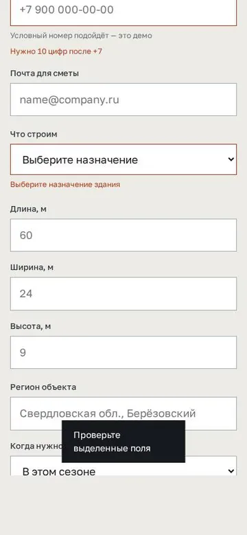 Проверка полей заявки на телефоне