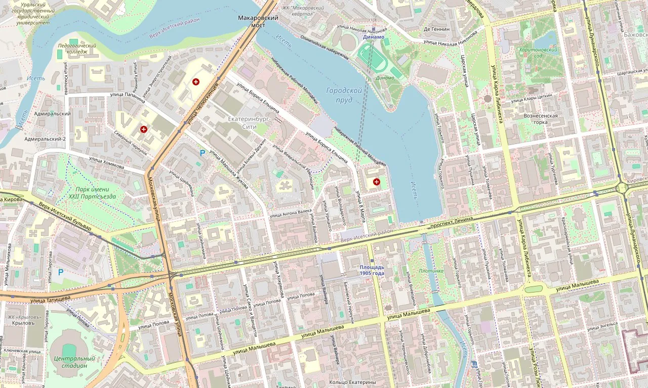 Карта центра Екатеринбурга с отметкой студии на улице Горького
